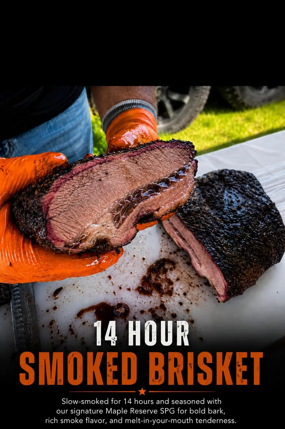 14 hour smoked brisket sliced to show the smoke ring