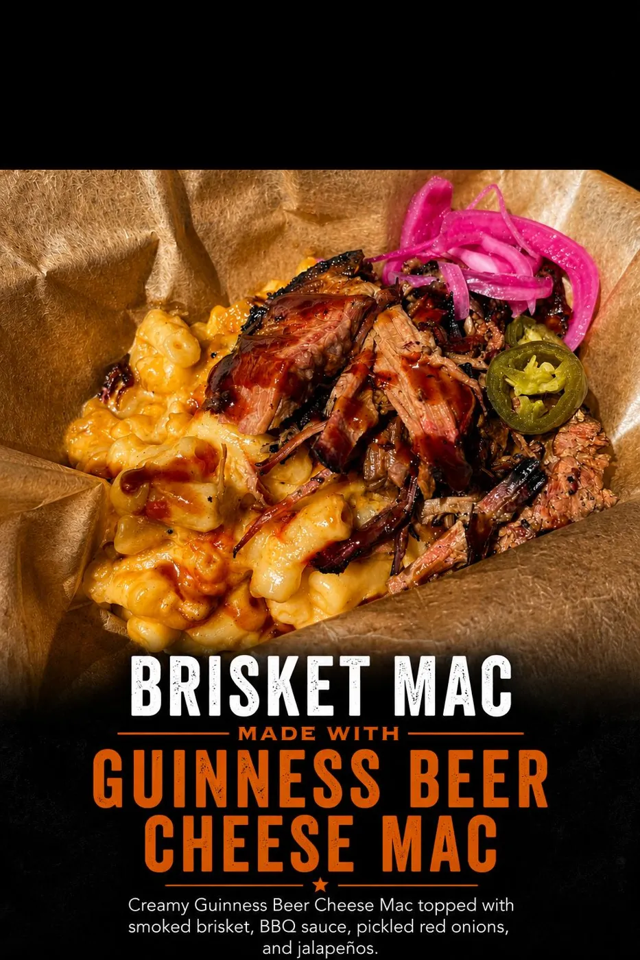 Brisket mac made with Guinness beer cheese mac