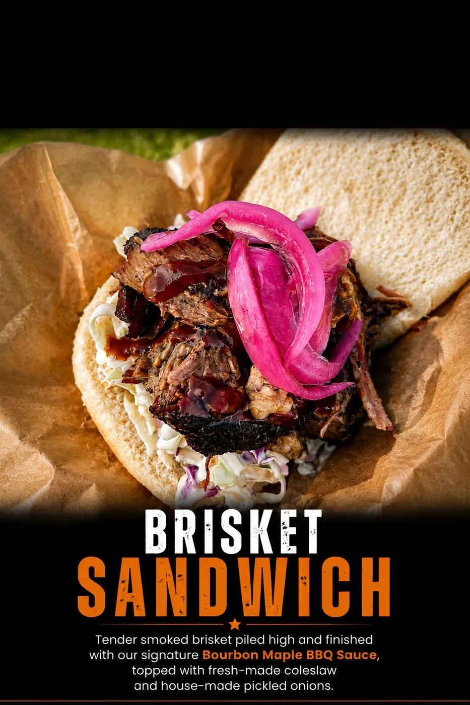 Brisket sandwich with coleslaw and pickled onions