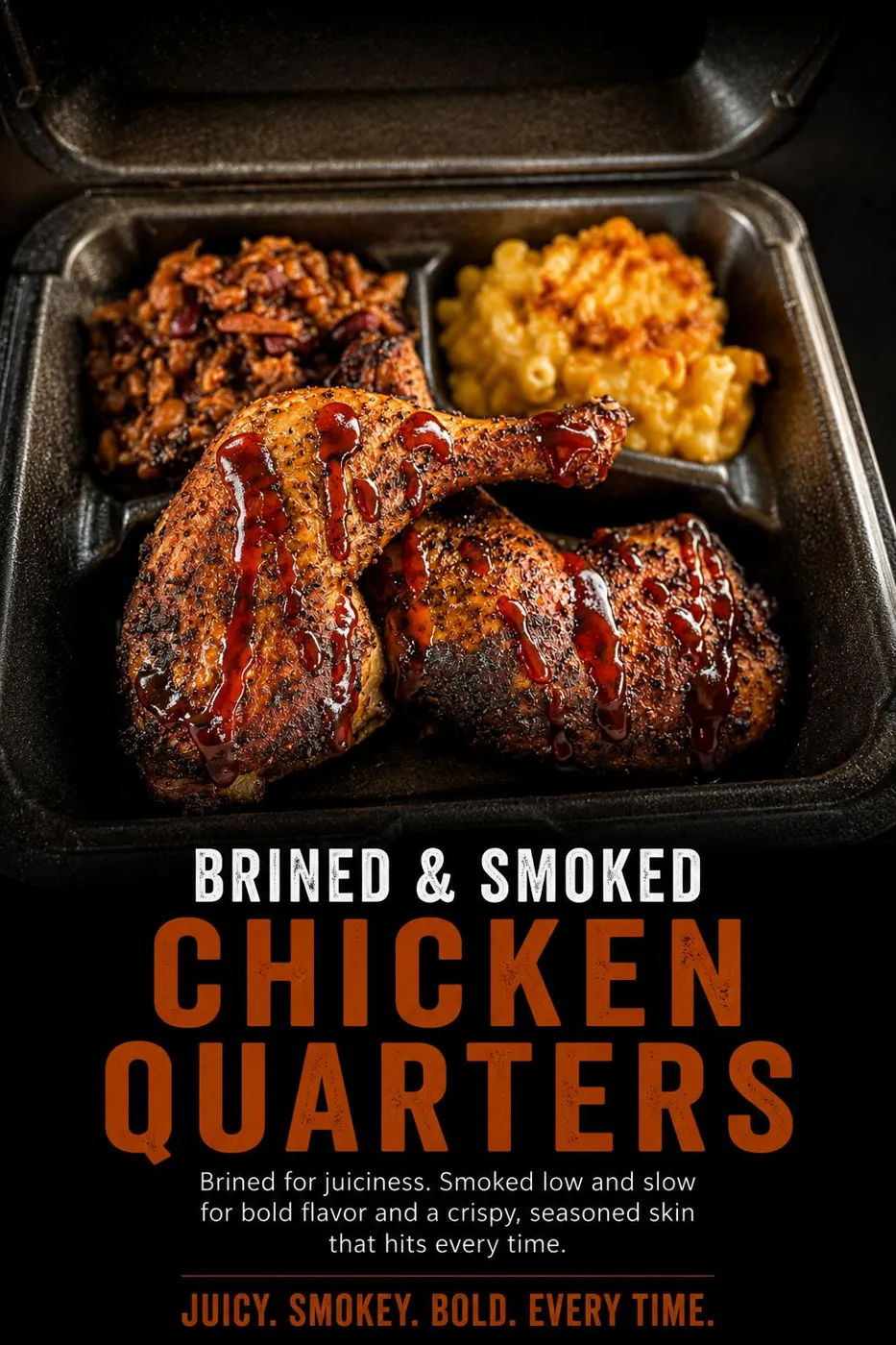 Brined and smoked chicken quarters with sides