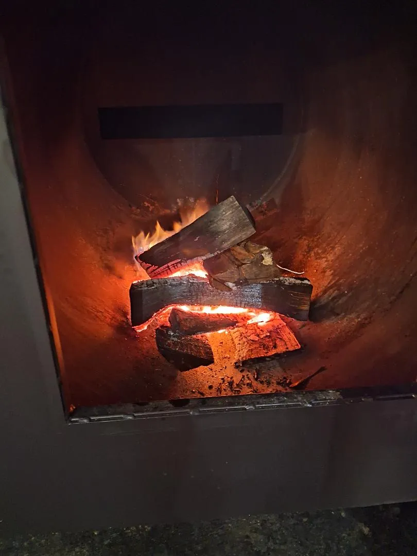 Hardwood splits burning in the firebox