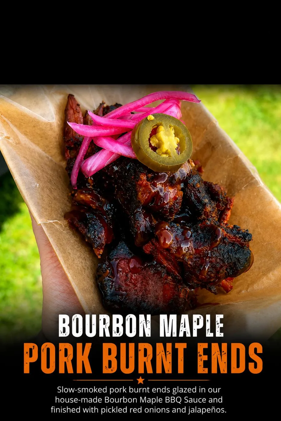 Bourbon maple pork burnt ends with pickled onions and jalapeños